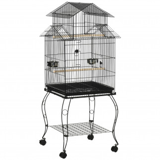 PawHut Indoor Steel and Wood Bird Cage με δίσκο, 4 ρόδες και πέρκα, 50x49x137cm