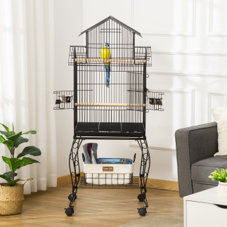 PawHut Indoor Steel and Wood Bird Cage με δίσκο, 4 ρόδες και πέρκα, 50x49x137cm