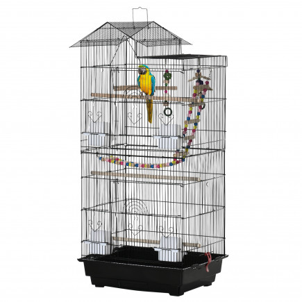 PawHut Bird Cage με σκάλα, κούνια, μπολ και παιχνίδια, σε ατσάλι, PP και ξύλο, 46x36x100 cm, μαύρο