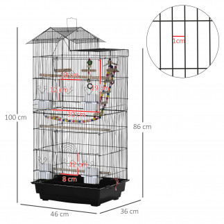 PawHut Bird Cage με σκάλα, κούνια, μπολ και παιχνίδια, σε ατσάλι, PP και ξύλο, 46x36x100 cm, μαύρο