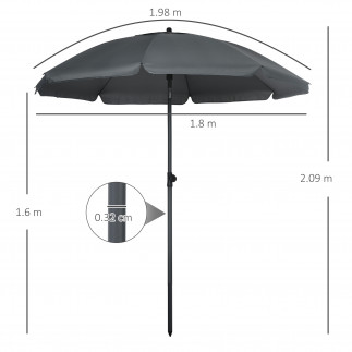 Outsunny Beach Parasol από πολυεστέρα και ατσάλι με ανακλινόμενο κουβούκλιο 45°, Ø180x209 cm, Γκρι
