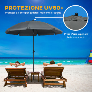 Outsunny Beach Parasol από πολυεστέρα και ατσάλι με ανακλινόμενο κουβούκλιο 45°, Ø180x209 cm, Γκρι