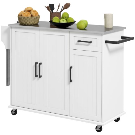 HOMCOM Kitchen Island με συρτάρι, ντουλάπι και 2 ανοιχτά ράφια, από MDF και ανοξείδωτο ατσάλι, 128x45,5x91,5 cm