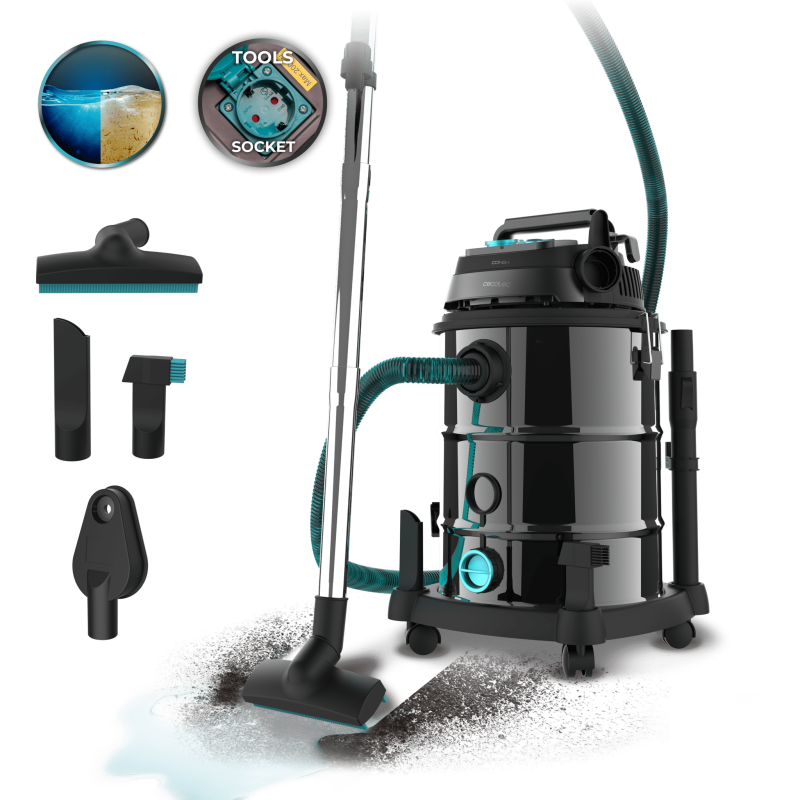 CECOTEC Σκούπα Conga Rockstar Wet & Dry Steel Pro για Στερεά και Υγρά, Μεταλλική, 30L, 1600W, με Πρίζα Εργαλείων και Αξεσουάρ Κα