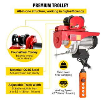 Ηλεκτρικός Γερανός VEVOR 800Kg/1700Lbs 1300W με Τρόλεϊ 12M/40Ft  DDHL800KGXCZH0001V2