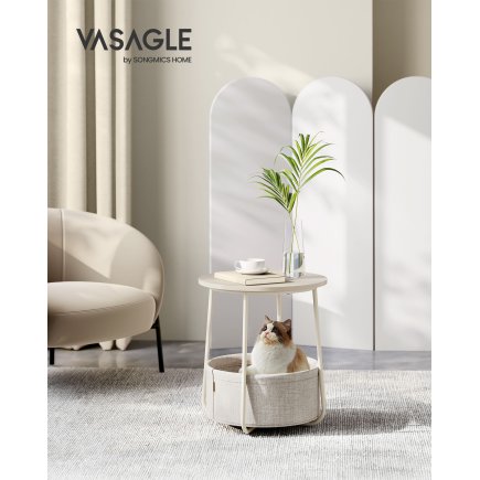 VASAGLE Μικρό Στρογγυλό Τραπεζάκι με Καλάθι Αποθήκευσης, Μοντέρνο, Λευκό 