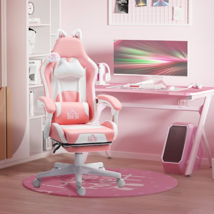 HOMCOM Εργονομική Καρέκλα Gaming με Αυτιά Γάτας, Υποπόδιο, Οσφυϊκή και Αυχενική Υποστήριξη, Ροζ 921-794V00PK