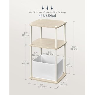 SONGMICS Μοντέρνο Πλαϊνό Τραπέζι 34x30x58cm με 3 Ράφια και Υφασμάτινο Καλάθι σε Μπεζ Χρώμα LET286N01