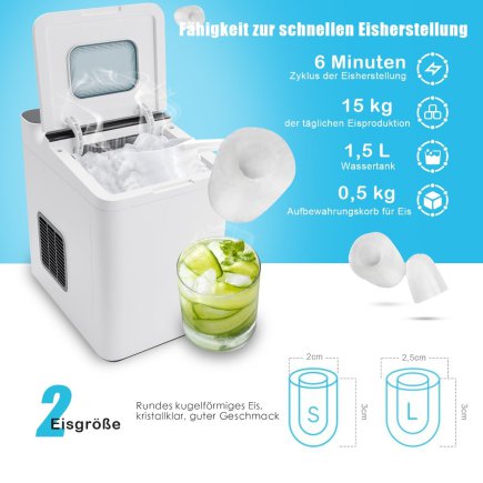 Costway Συσκευή Παραγωγής Παγάκια με Δεξαμενή 1,5L και Καλάθι 0,5kg - Παραγωγή έως 15kg/ημέρα, Διπλή Επιλογή Μεγέθους Παγάκια, Α
