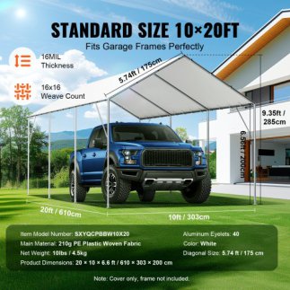 VEVOR Ανταλλακτική Καλύπτρα 10x20 ft για Στέγαστρο Αυτοκινήτου, Αδιάβροχη & UV Προστασία, Λευκή  CKPB10X20FTB3Z2RRV0