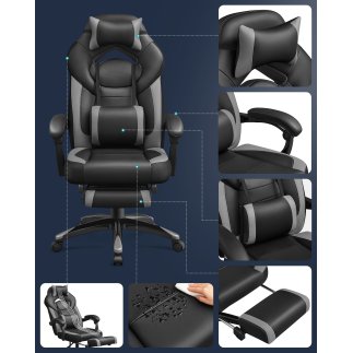SONGMICS Εργονομική Καρέκλα Gaming με Υποπόδιο, Ρυθμιζόμενο Προσκέφαλο, Υποστήριξη Οσφυϊκής Μοίρας, Μέγιστού Βάρους 150 kg, Μαύρ