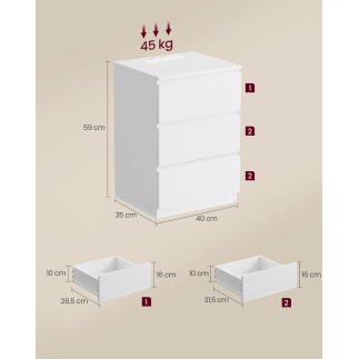 VASAGLE Κομοδίνο 40x35x59cm με Πρίζα και USB Θύρες σε Λευκό Χρώμα LET631W14V1