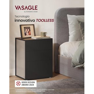 VASAGLE Μοντέρνο Κομοδίνο 45x35x58.7cm με 3 Συρτάρια, Χωρίς Εργαλεία Συναρμολόγησης, Ink Black + Cappuccino Beige LET778B01