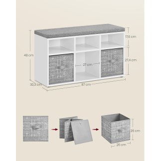 VASAGLE Πολυλειτουργικός πάγκος παπουτσιών με αποθηκευτικά κουτιά και ρυθμιζόμενα ράφια, λευκό-γκρι, 87x30x48 εκ. LSB101W14