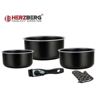Herzberg Σετ Μαγειρικών Σκευών 5 τεμαχίων με επίστρωση πέτρας και αποσπώμενη λαβή Μαύρο HG8051-BLK