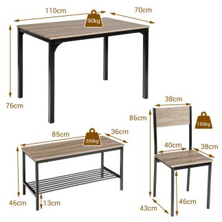 Σετ Τραπεζαρίας 4 Τεμαχίων με Τραπέζι 110 x 70 x 76 cm, Πάγκο 40 x 43 x 86 cm και 2 Καρέκλες 85 x 36 x 46,4 cm Γκρι Ξύλο KC55737