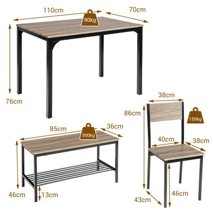 Σετ Τραπεζαρίας 4 Τεμαχίων με Τραπέζι 110 x 70 x 76 cm, Πάγκο 40 x 43 x 86 cm και 2 Καρέκλες 85 x 36 x 46,4 cm Γκρι Ξύλο KC55737