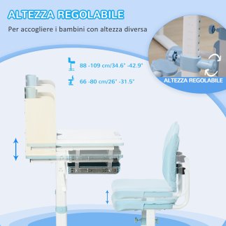 Σετ Σχολικό Μεταλλικό Γραφείο 80 x 52 x 88-109 cm με Καρέκλα 2 τμχ Χρώματος Μπλε HOMCOM 312-088V00BU