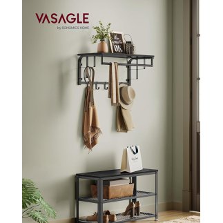 VASAGLE Κρεμάστρα Τοίχου με Ράφι, Ράβδο και Γάντζους σε Γκριζομαύρο Χρώμα 66x30x27 εκ. LCR012B13