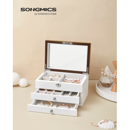 SONGMICS Ξύλινη Μπιζουτιέρα - Κοσμηματοθήκη 3 Επιπέδων με Κλειδαριά και Καθρέφτη 17 x 25 x 15 cm, Λευκό JOW15WNV1&nbsp