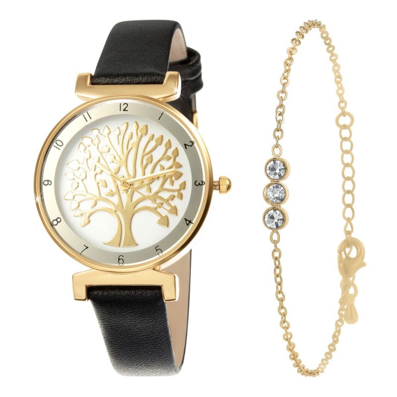 So Charm Ρολόι με μπρασελέ Tree of Life διακοσμημένο με Κρύσταλλα Swarovski, Χρυσό -Μαύρο MF468N+BS4274D