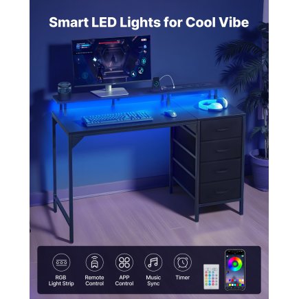 VEVOR Γραφείο Υπολογιστή 120 cm με Έξυπνα LED Φώτα και 4 Συρτάρια GDJXBGZDCTK4FT2B6001V2
