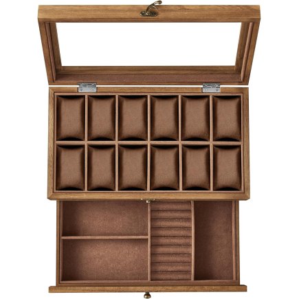 SONGMICS Ξύλινη Θήκη Ρολογιών 12 Θέσεων 34x19x12.5cm με Γυάλινο Καπάκι και Κοσμηματοθήκη JOW012K01
