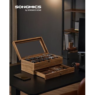 SONGMICS Ξύλινη Θήκη Ρολογιών 12 Θέσεων 34x19x12.5cm με Γυάλινο Καπάκι και Κοσμηματοθήκη JOW012K01