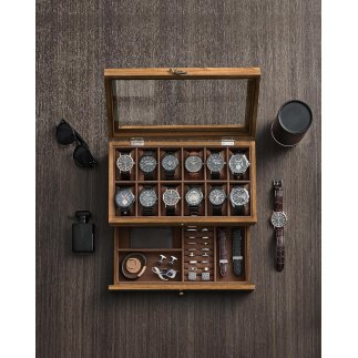 SONGMICS Ξύλινη Θήκη Ρολογιών 12 Θέσεων 34x19x12.5cm με Γυάλινο Καπάκι και Κοσμηματοθήκη JOW012K01