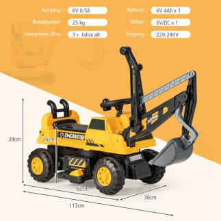Costway Παιδικός Εκσκαφέας 6V με Περιστρεφόμενο & Ρυθμιζόμενο Κουβά & Μουσική Μαύρο + Κίτρινο