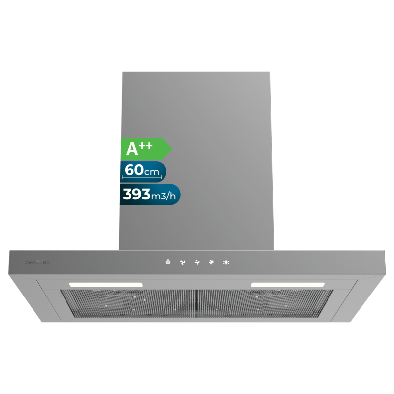 Cecotec Απορροφητήρας Bolero Flux TT 604000 Inox A++ Εξαγωγέας καπνού "T" 60cm, 393m³/h, 3 ταχύτητες, SS Touch Control, Ανοξείδω
