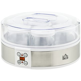 HOMCOM 20W 1,5L Συσκευή γιαουρτιού με 7 βάζα και οθόνη κουμπιών, από ανοξείδωτο ατσάλι και πλαστικό, 24x24x13 cm, λευκό 800-177V