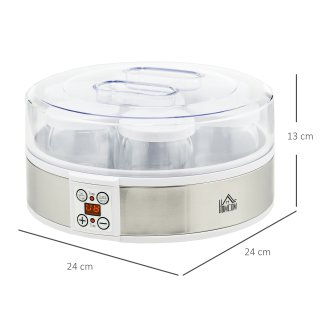 HOMCOM 20W 1,5L Συσκευή γιαουρτιού με 7 βάζα και οθόνη κουμπιών, από ανοξείδωτο ατσάλι και πλαστικό, 24x24x13 cm, λευκό 800-177V