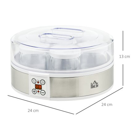 HOMCOM 20W 1,5L Συσκευή γιαουρτιού με 7 βάζα και οθόνη κουμπιών, από ανοξείδωτο ατσάλι και πλαστικό, 24x24x13 cm, λευκό 800-177V