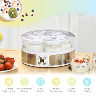 HOMCOM 20W 1,5L Συσκευή γιαουρτιού με 7 βάζα και οθόνη κουμπιών, από ανοξείδωτο ατσάλι και πλαστικό, 24x24x13 cm, λευκό 800-177V