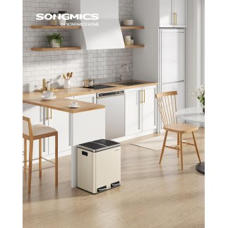 SONGMICS Διπλός Κάδος Απορριμμάτων 15L με Πεντάλ και Απαλό Κλείσιμο Καπακιού, Μπεζ/Μαύρο, 41.5x35.5x47.6cm LTB30A02