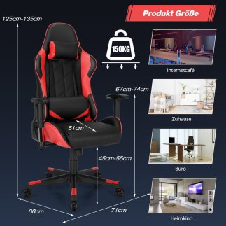Costway Κάθισμα Gaming Racing Style με Κεφαλοστήριγμα & Μαξιλάρι Μέσης, Ρυθμιζόμενη Κλίση 90°-160°, Κόκκινο CB10299RE