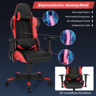 Costway Κάθισμα Gaming Racing Style με Κεφαλοστήριγμα & Μαξιλάρι Μέσης, Ρυθμιζόμενη Κλίση 90°-160°, Κόκκινο CB10299RE