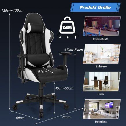 Costway Αγωνιστική Καρέκλα Gaming με Ρυθμιζόμενη Κλίση 90°-160°, Λευκός Χρώματος με Κεφαλοθρύπτρα & Οσφυϊκό Μαξιλάρι CB10299WH