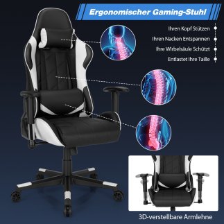 Costway Αγωνιστική Καρέκλα Gaming με Ρυθμιζόμενη Κλίση 90°-160°, Λευκός Χρώματος με Κεφαλοθρύπτρα & Οσφυϊκό Μαξιλάρι CB10299WH