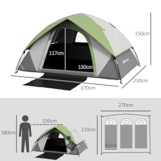 Σκηνή Camping 3 Ατόμων Outsunny με Διχτυωτό Παράθυρο, από πολυεστέρα, υαλοβάμβακα και PE, 110x210x150 cm, γκρι και πράσινο A20-4