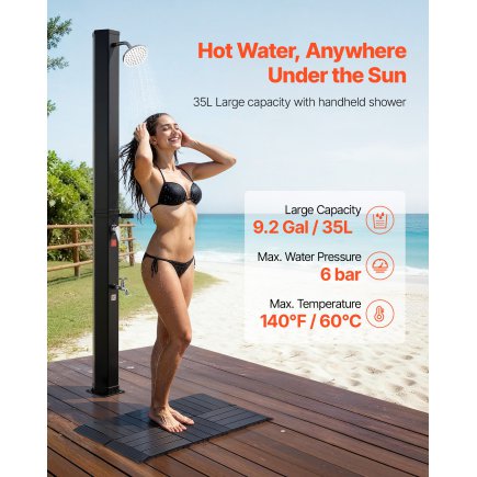 VEVOR Ηλιακό Ντους 35L, Ύψος Νεροχύτη 195cm, Με Δάπεδο & Βρυσάκι, Ρύθμιση Ζεστού/Κρύου Νερού, Αυτοστηριζόμενο, Μαύρο TYNLYQHSPVC