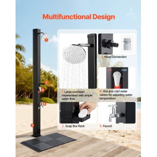 VEVOR Ηλιακό Ντους 35L, Ύψος Νεροχύτη 195cm, Με Δάπεδο & Βρυσάκι, Ρύθμιση Ζεστού/Κρύου Νερού, Αυτοστηριζόμενο, Μαύρο TYNLYQHSPVC