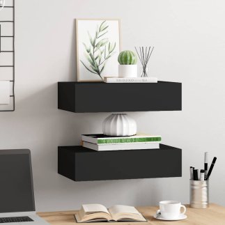 vidaXL Σετ 2 Μαύρα Ράφια με Συρτάρι στον Τοίχο 40x23,5x10cm από MDF και Μέταλλο 330244
