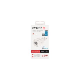 SWISSTEN Προσαρμογέας Ισχύος GaN με 2 Θύρες USB-C 65W PD και 1 Θύρα USB-A 18W QC Λευκό 8595217484528
