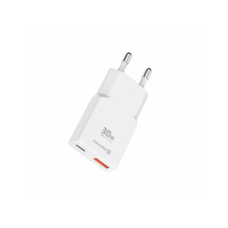 SWISSTEN Λεπτός Τροφοδοτικός Αντάπτορας GaN USB-C + USB-A 30 W, Λευκός 8595217492271