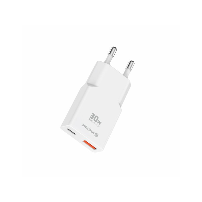 SWISSTEN Λεπτός Τροφοδοτικός Αντάπτορας GaN USB-C + USB-A 30 W, Λευκός 8595217492271