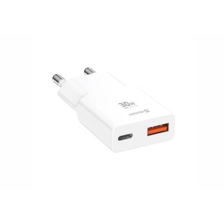 SWISSTEN Λεπτός Τροφοδοτικός Αντάπτορας GaN USB-C + USB-A 30 W, Λευκός 8595217492271