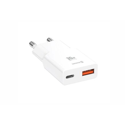 SWISSTEN Λεπτός Τροφοδοτικός Αντάπτορας GaN USB-C + USB-A 30 W, Λευκός 8595217492271