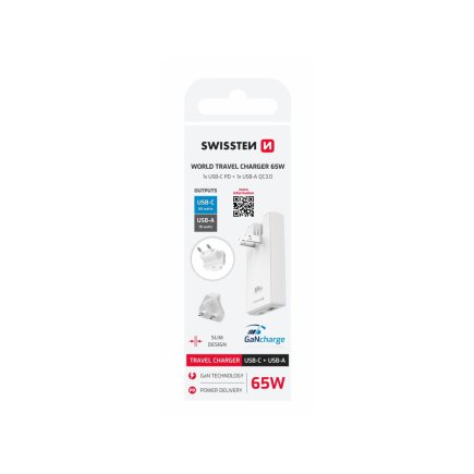 SWISSTEN Προσαρμογέας Ταξιδιού GaN USB-C + USB-A, 65 W, Ανταλλάξιμα Βύσματα (US, EU, UK), Λευκός 8595217492264